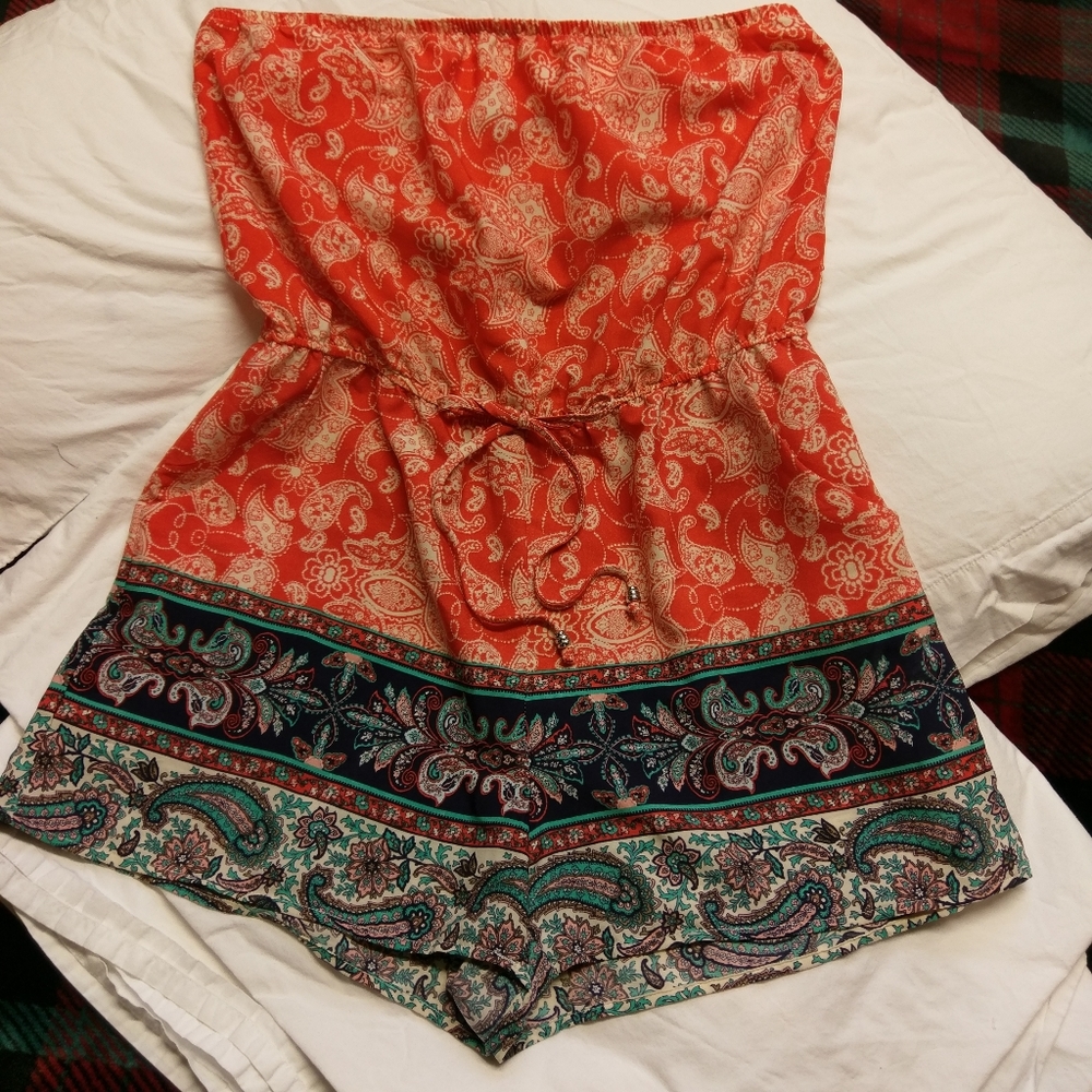 BeBop Strapless Paisley Print Romper in Coral and Teal